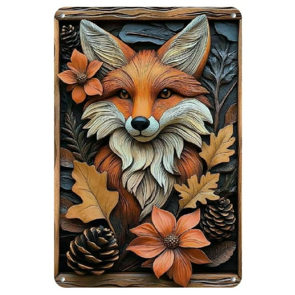 1 Vintage Fox Metal Wall Art - 8x12" Iron Sign with Iron Leaves & Flowers, Rustic Decor for Home, Kitchen, Garden, Bedroom, Bar - Easy to Hang, No Power Required