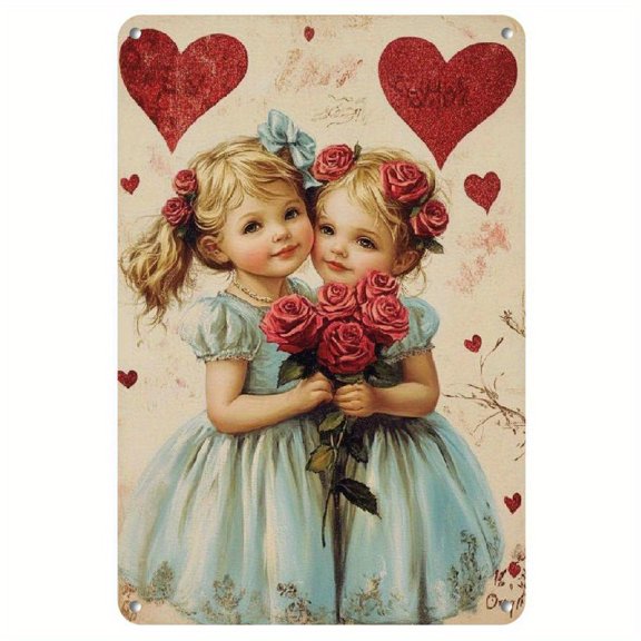 1 Vintage Heart Metal Plaque - 8x12 inch iron wall decoration with a romantic heart and rose pattern, perfect for decorating porches, living rooms, bedrooms, and offices.