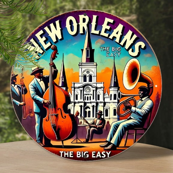 1 Vintage-Inspired "New Orleans" Aluminum Wall Sign - 8x8 Inch, Colorful Jazz Band & Digital Print Art Decor for Indoor/Outdoor Use - Ideal for Restaurants, Cafes, Offices, Perfect for Room Decor
