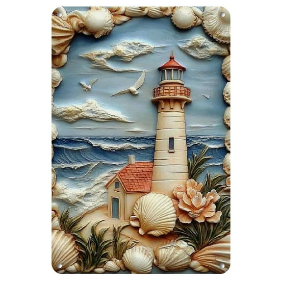 1 Vintage Lighthouse Metal Wall Art - 2D Iron Sign, 8x12 Inches - Coastal Decor with Waves & Seashells for Home, Kitchen, Garden, Bedroom, Bar - No Power Needed, Easy to Hang, Coastal Home Decor