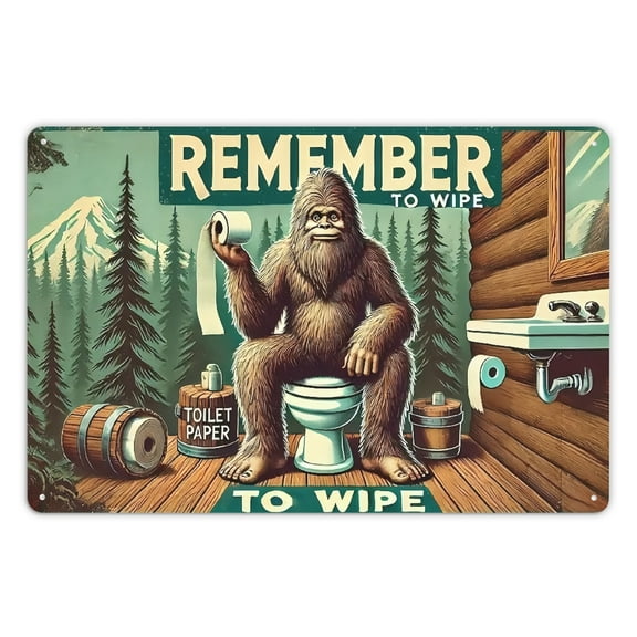 1 Vintage Metal Sign - Funny Sasquatch Bathroom Reminder Wall Art, Rustic Wooden Cabin Scene with Toilet Paper Roll, Ideal for Home, Cafe, Farmhouse Decor