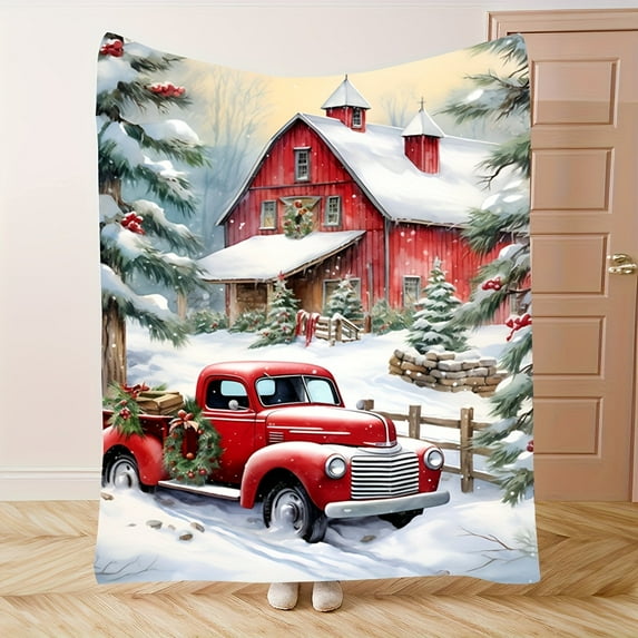 [] 1 Vintage Red Truck  Snow Scene Throw Blanket - Cozy, Lightweight Polyester Flannel, Ideal for Holiday Decor, Machine Washable, All-Season Comfort