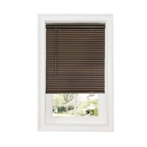 1" Vinyl Slats Room Darkening Cordless Window Blinds, 64L x 31W Inches Manual Operation Mode Blackout Privacy Blind, Solid Pattern Ceiling-Outside Mount Pull-Up Mini Blinds, Mahogany