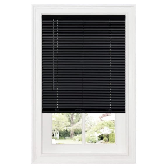 1" Vinyl Slats Room Darkening Cordless Window Blinds, 64L x 46W Inches Manual Operation Mode Blackout Privacy Blind, Solid Pattern Ceiling-Outside Mount Pull-Up Mini Blinds, Black