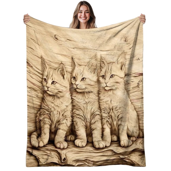 1 Warm and Cute Cat Flannel Blanket - Vintage Wood Grain Sketch and Kitten Print Soft and Warm Bedspread