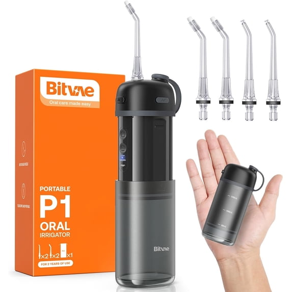 1 Water flosser, travel water flosser stick, cordless mini water cleaning stick, collapsible water tank, 7 waterproof flossing stick, suitable for braces and sensitive teeth care, black