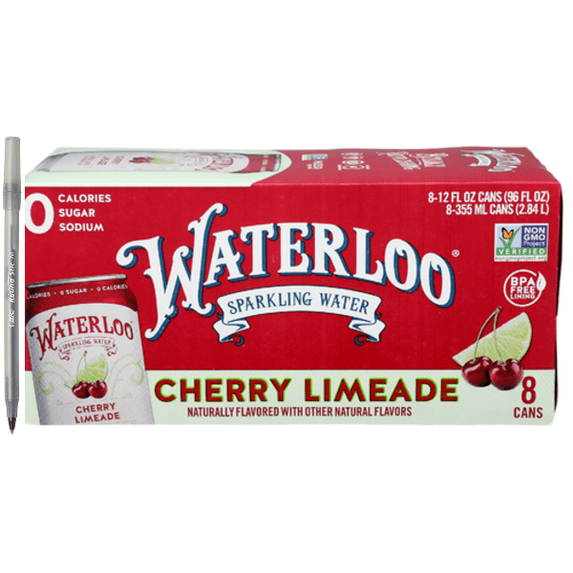 1+ Waterloo Brewing Cherry Limeade Boldly Refreshing Sparkling Water 8 Pack Case with pen