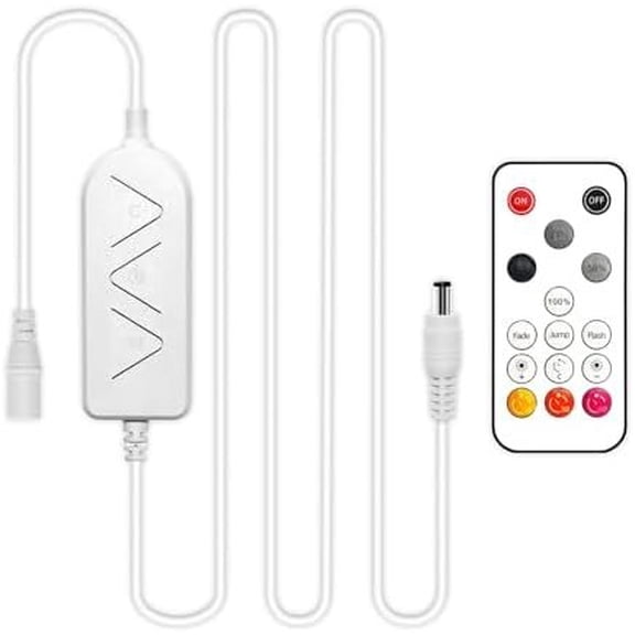 1-Way DC 12-24V Led Strip Light Dimmer for Single Color with DC Plug,15-Key RF Remote and in-line Controller for 3528/2835/5050/COB LED Strip Lights, Timer Function