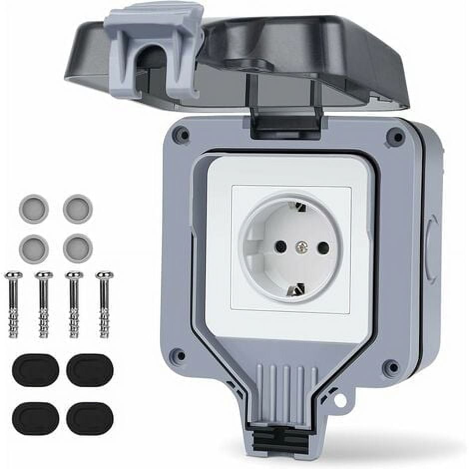 1 Way Outdoor Power Socket, IP66 Outdoor Wall Socket, Weatherproof Surface Mounted Protective Contact Outdoor Power Socket, Exterior Outdoor Power Socket for Kitchen, Garage,