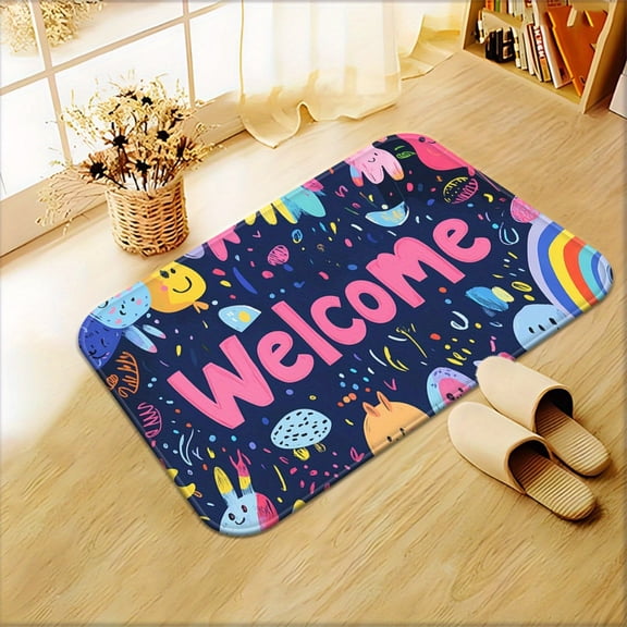 1 "Welcome" Colorful Icon High-Definition Printed Doormat - Highly absorbent, machine washable, made of polyester, suitable for bathrooms, bedrooms, living rooms, entrances, camping, and other places