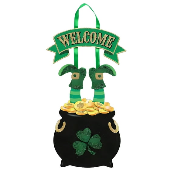 (1) Welcome St Patrick's Day Leprechaun Pot of Gold Hanging Sign Decoration for Home Kitchen Wall Window Front Door Indoor Farmhouse Living Room Holiday Decorative Ornament Party Favor Gift