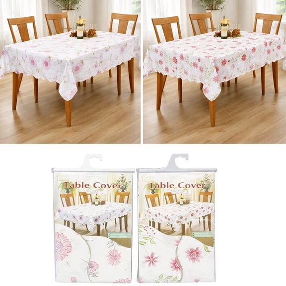 White Floral Rectangular Tablecloth, 54 x 72 in Wipe-Clean Plastic