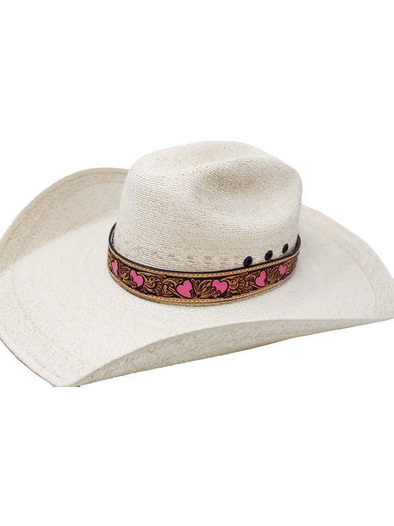 1" Wide Cowgirl Pink Hearts Floral Tooled Western Leather Hat Band 24FKL37PK