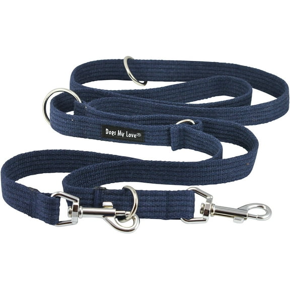 1" Wide Organic Cotton Web 6-Way European Multi-functional Dog Leash, Adjustable Lead 45"-78" Long, Large (Blue)