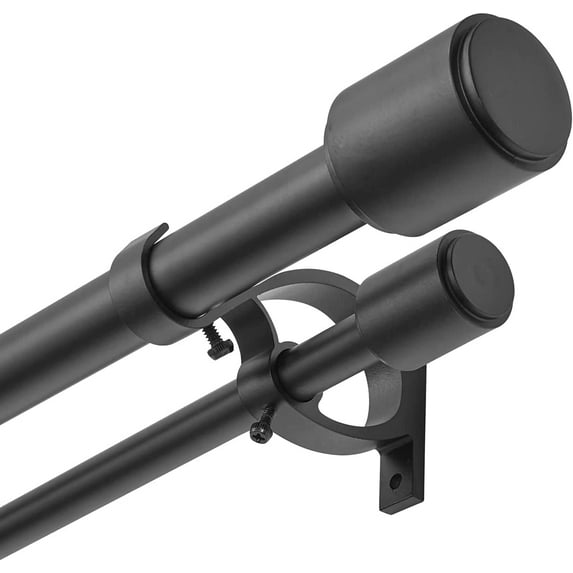 1" Window Treatment Curtain Rod with Cylindrical Cap Finials, Double Drapery Rod Adjustable Length 36-72", Matted Black
