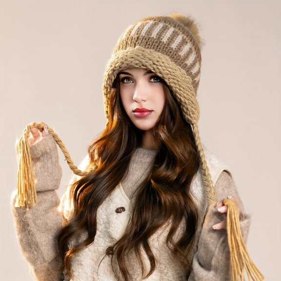 1 Women's Autumn Winter Plush Knitted Hat, Cold-Proof and Warm, Adjustable Drawstring Design Plush Hat