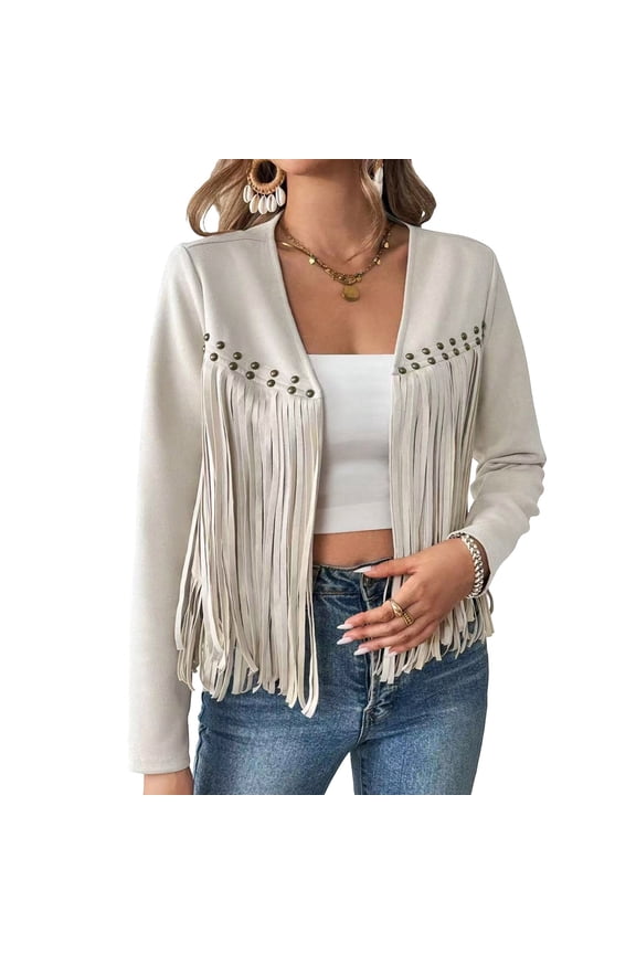 1. Women's Long Sleeve Fringe Trim Open Front Cardigan Coat