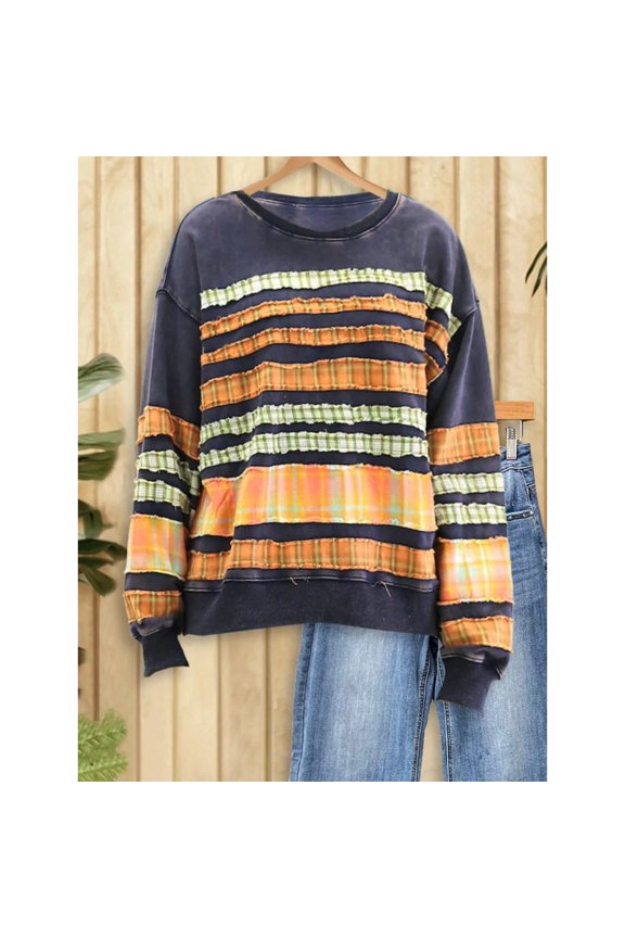 1 Women's Multi-Color Plaid Sweatshirt With Patch Design, Loose Fit, Retro And Casual Style, Suitable For Everyday Wear In Autumn And Winter, Machine Washable.