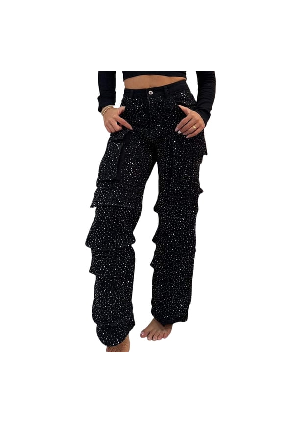 1. Women's Rhinestone-Embellished Wide Leg Jeans with Stretch Waist & Multi Pockets Cargo Trousers