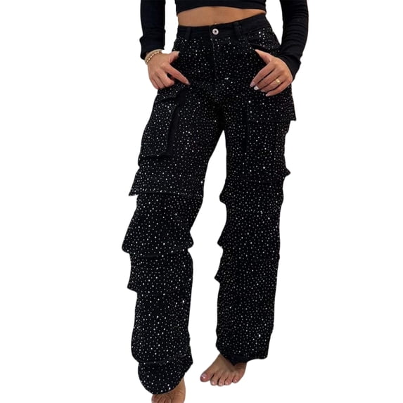 1. Women's Rhinestone-Embellished Wide Leg Jeans with Stretch Waist & Multi Pockets Cargo Trousers