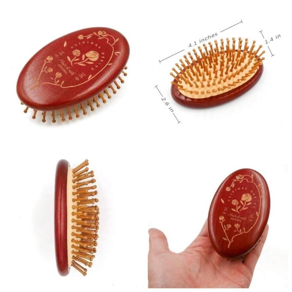 1 Wooden Scalp Massager Brush With Rose Engraving - Compact Travel Size