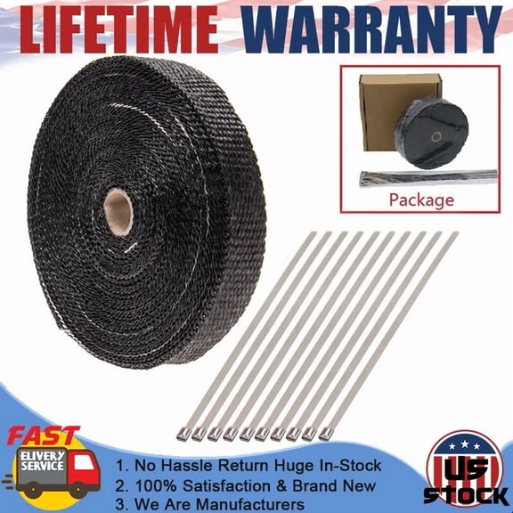 1" X 50' Roll Exhaust/Header Heat Wrap Insulation Tape Pipe Cloth +10 Strips Kit
