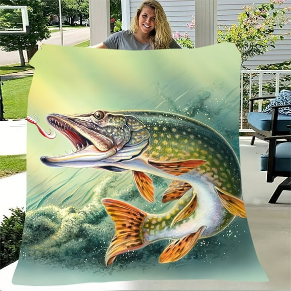 1 X Fish Pattern Flannel Blanket Perfect Choice for Fishing Enthusiasts Suitable for Naps Sofas Camping And Travel All Seasons
