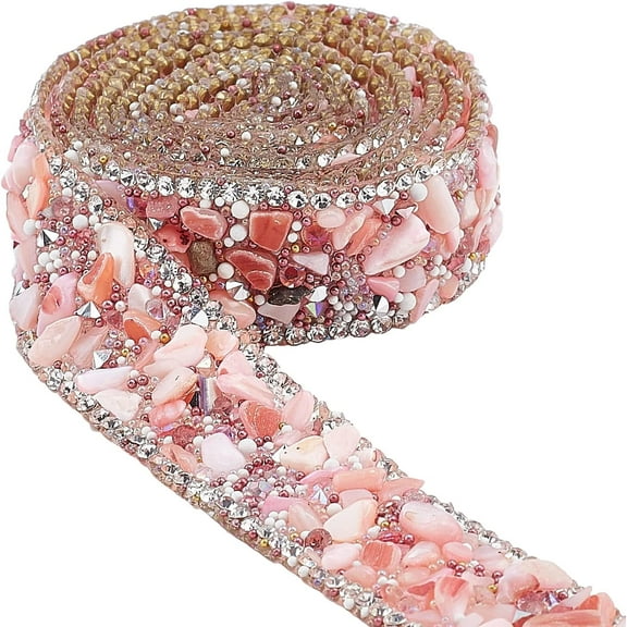 1 Yard 0.7 Inch Rhinestone Trim Hot Fix Ribbon Gem Stone Beaded Iron On Applique Embellishment with Curb Chains Edging for DIY Wedding Bridal Dress Shoes Phone Decor Pink