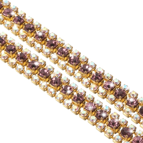 1 Yard 3 Rows Rhinestone Chain Trim AB and Dark Purple Rhinestone with Gold Base
