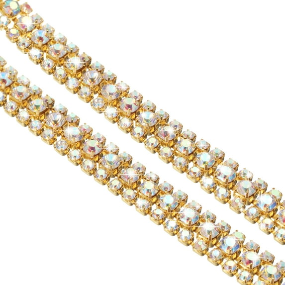1 Yard 3 Rows Rhinestone Close Chain Trim AB Rhinestone with Gold Base