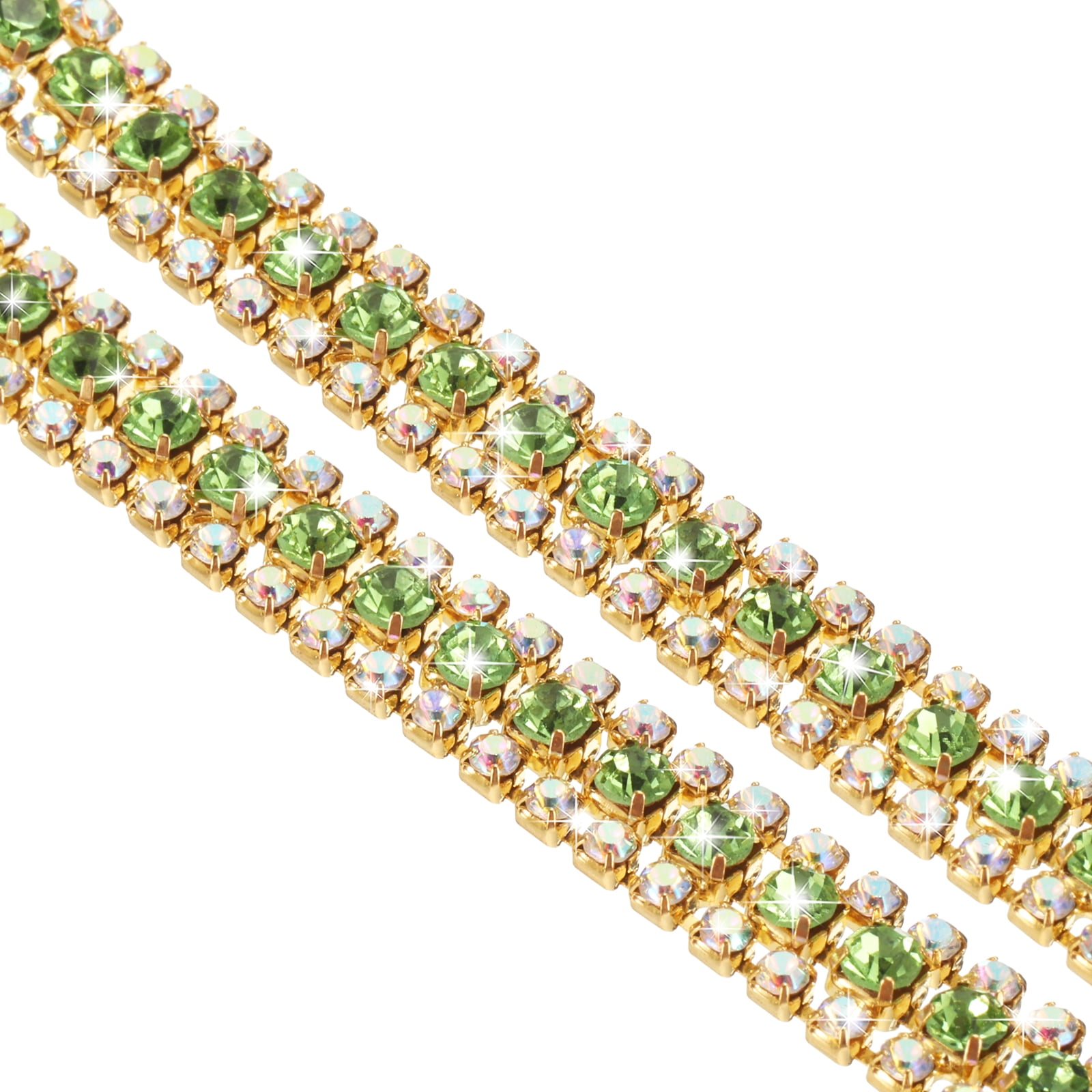 Chain 3 Rows 1 Yard 3 Rows Rhinestone Close Chain Trim AB and Green Rhinestone with ...