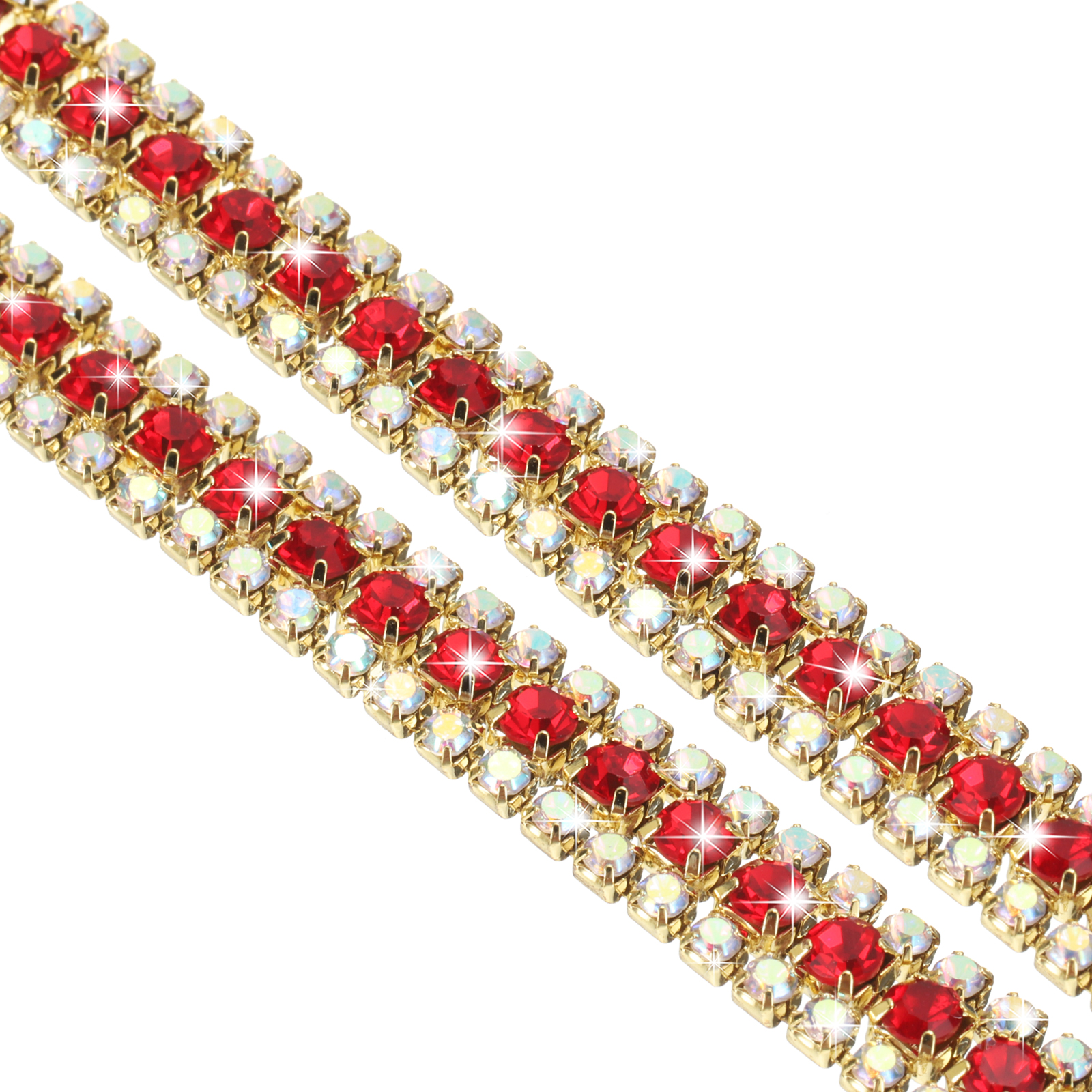 Chain 3 Rows 1 Yard 3 Rows Rhinestone Close Chain Trim AB and Red Rhinestone with ...