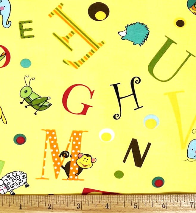 1 Yard - ABCs & Baby Animals on Yellow Cotton Fabric (Great for Quilting, Sewing, Craft Projects, Throw Pillows & More) 1 Yard X 44" Wide