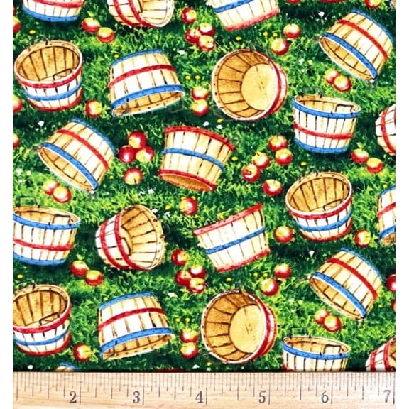 1 Yard - Apple Farm Bushel Baskets on Green Cotton Fabric (Great for Quilting, Sewing, Craft Projects, Throw Pillows & More) 1 Yard X 44" Wide