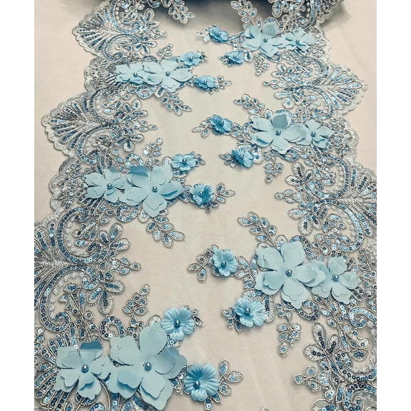 1 Yard (Baby Blue) 13" Wide Lace Table Runner 3D Embroidered Lace Table Runner for wedding party decoration, Beaded Trim Lace, Long Table Runner Mesh Roll