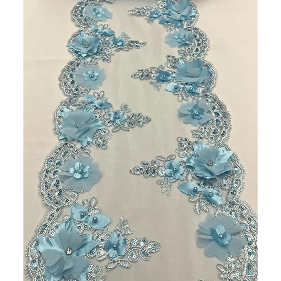 1 Yard (Baby Blue) 22" Wide Lace Table Runner 3D Embroidered Lace Table Runner on Mesh Fabric, Beaded Trim Lace with Crystals, Long Table Runner Mesh Roll