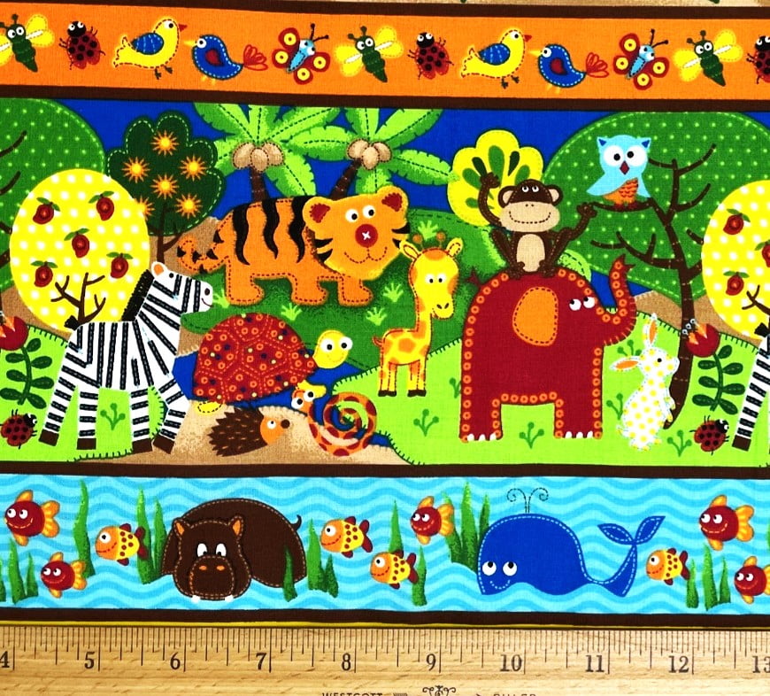 1 Yard - Baby Jungle Animals Stripe Cotton Fabric (Great for Quilting, Sewing, Craft Projects, Throw Pillows & More) 1 Yard X 44" Wide