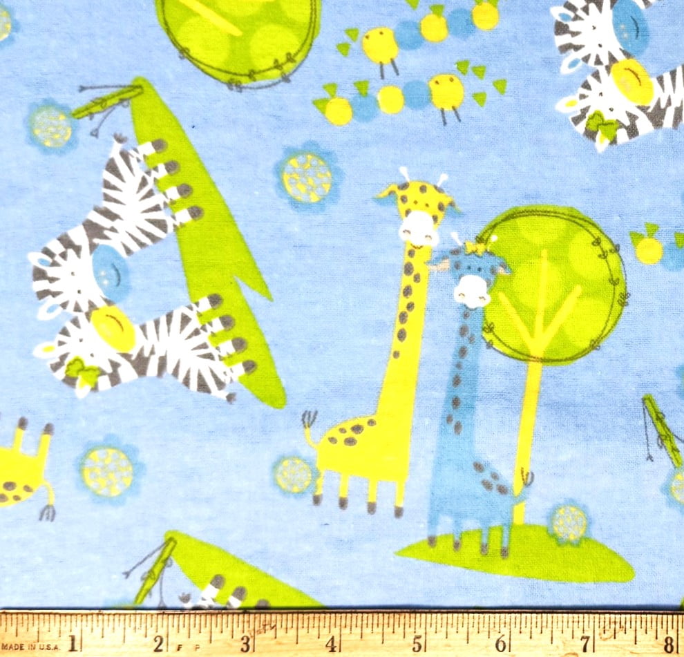 1 Yard - Baby Safari Animals Zebra & Giraffe on Blue Flannel Cotton Fabric (Great for Sewing, Craft Projects, Throw Pillows & More) 1 Yard X 44" Wide