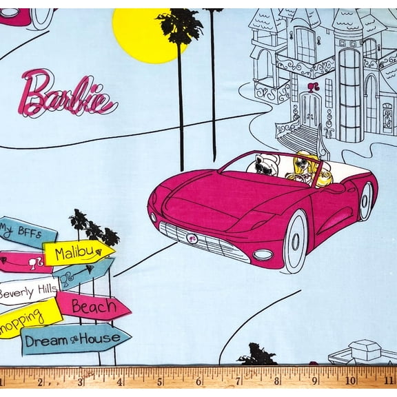 1 Yard - Barbie & Taffy the Dog Pink Car on Blue Cotton Fabric (Great for Quilting, Sewing, Craft Projects, Throw Pillows & More) 1 Yard X 44" Wide