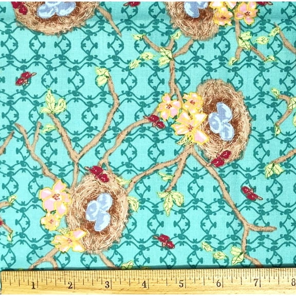 1 Yard - Bird Nest & Blooms on Turquoise Blue Bari Ackerman Cotton Fabric (Great for Quilting, Sewing, Craft Projects, Throw Pillows & More) 1 Yard X 44" Wide