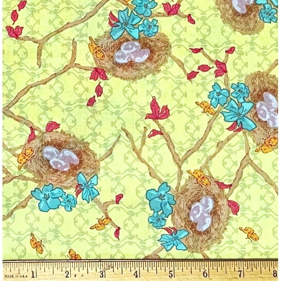 1 Yard - Bird Nest & Blooms on Green Bari Ackerman Cotton Fabric (Great for Quilting, Sewing, Craft Projects, Throw Pillows & More) 1 Yard X 44" Wide