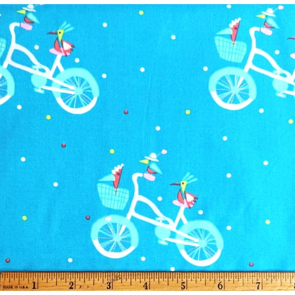1 Yard - Birds & Bicycles on Polka Dot Blue Cotton Fabric (Great for Quilting, Sewing, Craft Projects, Throw Pillows & More) 1 Yard X 44" Wide