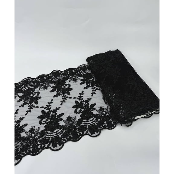 1 Yard (Black), 20" Wide Long Sequins Embroidered Lace Table Runner on Mesh Fabric for Party decoration, Trim Lace, Floral Lace Table Runner Mesh Roll