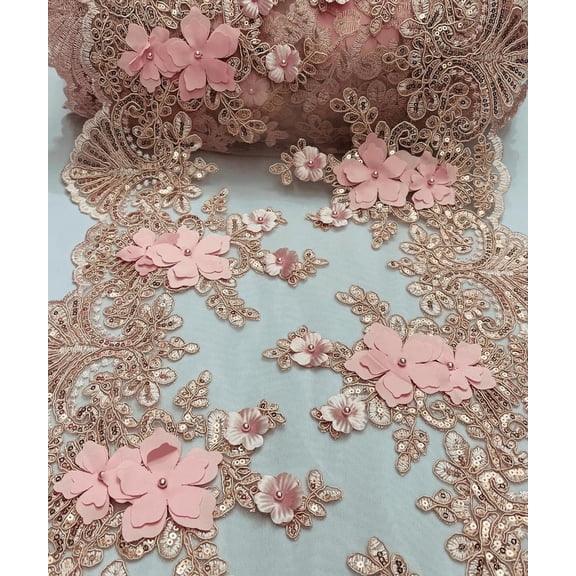 1 Yard (Blush) 13" Wide Lace Table Runner 3D Embroidered Lace Table Runner for wedding party decoration, Beaded Trim Lace, Long Table Runner Mesh Roll