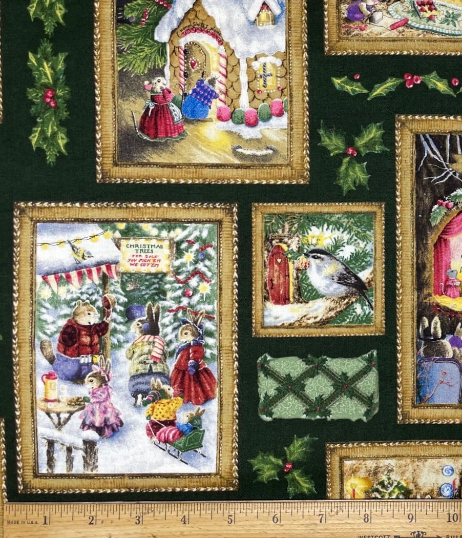 1 Yard - Bunny Christmas Frames on Green Cotton Fabric (Great for Quilting, Sewing, Craft Projects, Throw Pillows & More) 1 Yard X 44" Wide