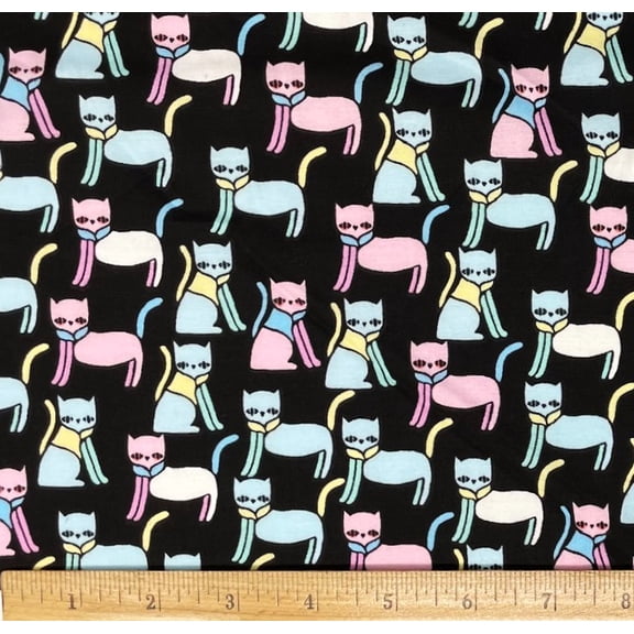 1 Yard - Cats in Pink & Blue on Black Cotton Fabric (Great for Quilting, Sewing, Craft Projects, Throw Pillows & More) 1 Yard X 44" Wide