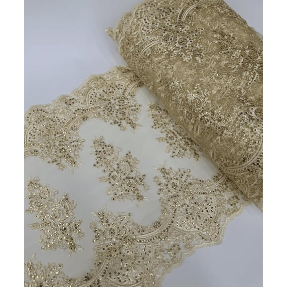 1 Yard (Champagne) 20" Wide Long Sequins Embroidered Lace Table Runner for Wedding Bridal Party table decoration, Trim Lace, Floral Table Runner Mesh Roll