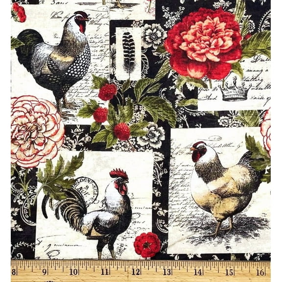 1 Yard - Chickens Roosters & Floral Block Cotton Fabric (Great for Quilting, Sewing, Craft Projects, Throw Pillows & More) 1 Yard X 44" Wide