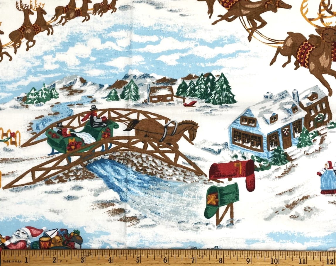 1 Yard - Christmas Santa & Sleigh Snowy Scenic Cotton Fabric (Great for Quilting, Sewing, Craft Projects, Throw Pillows & More) 1 Yard X 44" Wide