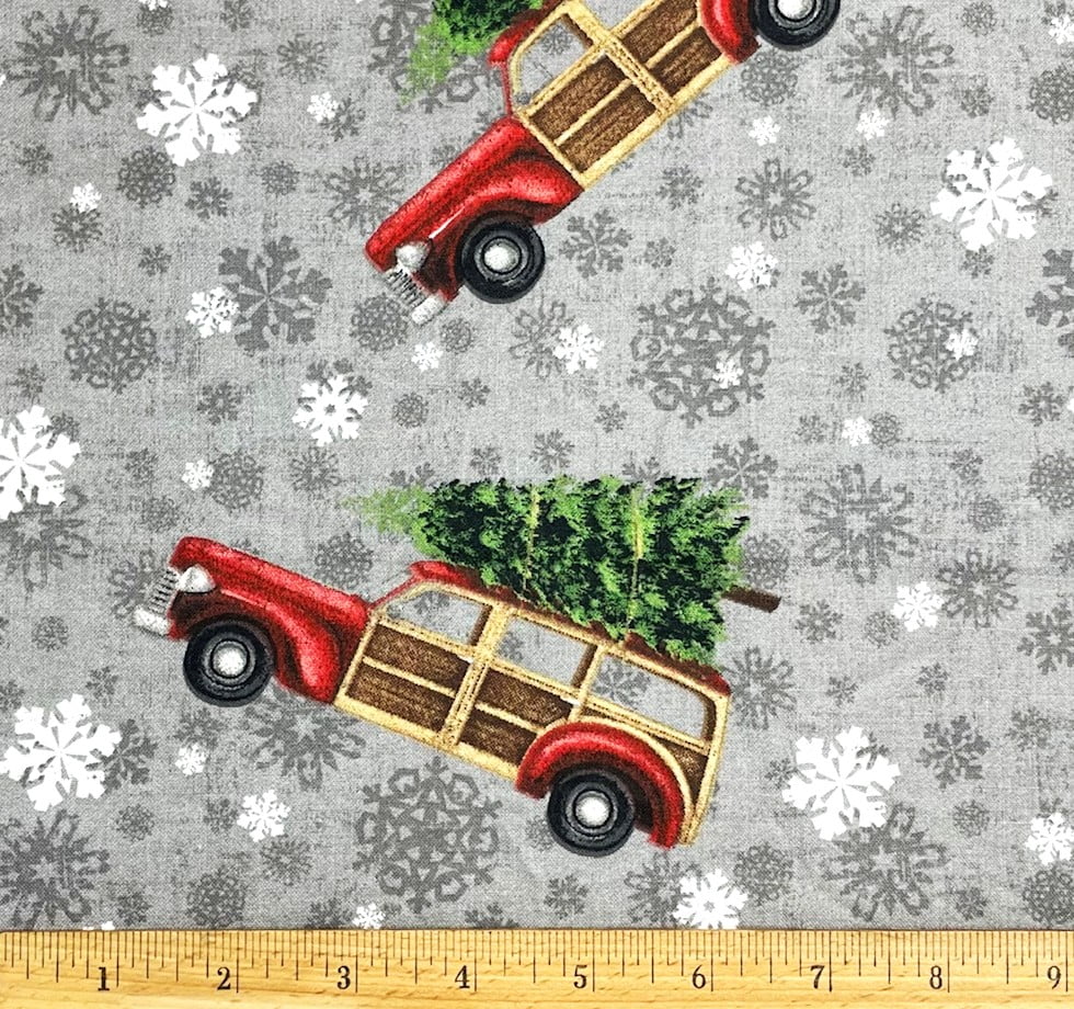 1 Yard - Christmas Tree Woody Station Wagon on Gray Cotton Fabric (Great for Quilting, Sewing, Craft Projects, Throw Pillows & More) 1 Yard X 44" Wide